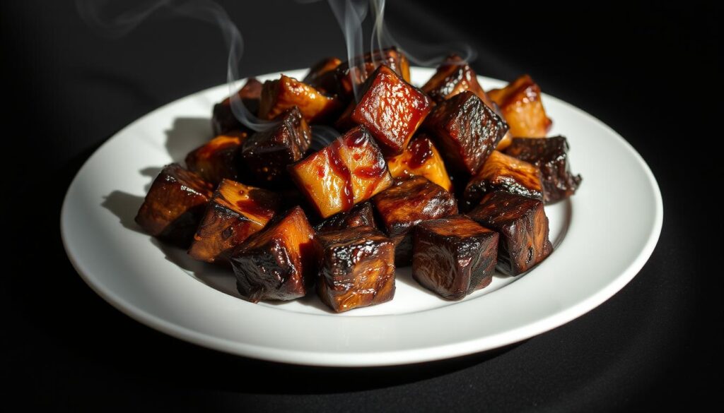 A tantalizing array of tender, caramelized beef cubes known as "burnt ends" sit atop a pristine white plate. The glistening, mahogany-hued nuggets are arranged in a visually striking, asymmetric pattern, showcasing their crisp exteriors and juicy interiors. Delicate wisps of aromatic smoke curl upwards, hinting at the painstaking low-and-slow cooking process that has transformed these humble beef trimmings into a culinary masterpiece. Dramatic side lighting casts dramatic shadows, accentuating the depth and texture of the dish. The setting is simple yet elegant, allowing the burnt ends to take center stage as the undisputed star of this gastronomic tableau.