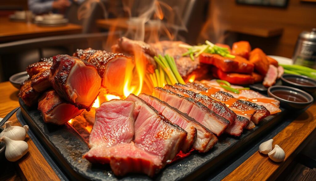 A tantalizing display of thick, marbled slabs of Korean BBQ meat sizzling over glowing charcoal, bathed in a warm, amber glow. Juicy short ribs, tender brisket, and succulent pork belly artfully arranged on a rustic wooden table, complemented by vibrant green scallions, fresh garlic, and fragrant ssamjang sauce. The scene evokes the lively atmosphere of a bustling Korean BBQ restaurant, capturing the essence of the "Go! K-BBQ" experience. Captured with a wide-angle lens, the image showcases the mouthwatering spread in vivid detail, inviting the viewer to savor the delectable flavors and immerse themselves in the authentic Korean dining tradition.