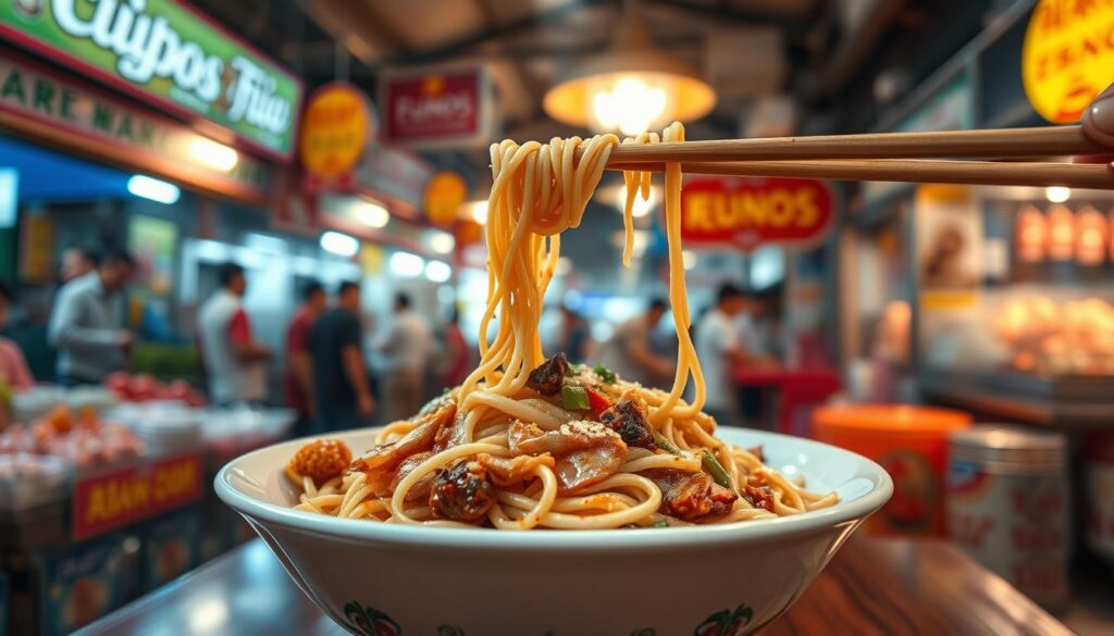 A tantalizing plate of "Eunos Bak Chor Mee" sits center stage, freshly tossed with a vibrant mix of springy noodles, crunchy fried pork, and a symphony of flavors. In the foreground, a pair of chopsticks hover, ready to dive into the savory delights. The background reveals a bustling hawker center, its vibrant colors and energetic atmosphere setting the stage for this iconic Singaporean dish. Warm, golden lighting casts a cozy glow, evoking the comfort and satisfaction of a truly satisfying bak chor mee experience. The camera angle is slightly elevated, capturing the dish in all its tempting glory, ready to transport the viewer to the heart of Eunos and the best bak chor mee in Singapore.