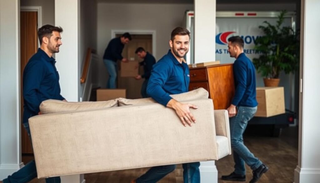 A team of professional movers carefully transporting furniture and boxes through a well-lit residential setting. In the foreground, two movers in uniform carry a large sofa, their expressions focused and coordinated. In the middle ground, another pair of movers guide a heavy wooden dresser down a set of stairs, using proper lifting techniques. In the background, a moving truck is visible, its logo prominently displayed. The scene conveys a sense of efficiency, organization, and the expertise of a seasoned moving crew, ready to provide a seamless relocation experience. A team of professional movers carefully transporting furniture and boxes through a well-lit residential setting. In the foreground, two movers in uniform carry a large sofa, their expressions focused and coordinated. In the middle ground, another pair of movers guide a heavy wooden dresser down a set of stairs, using proper lifting techniques. In the background, a moving truck is visible, its logo prominently displayed. The scene conveys a sense of efficiency, organization, and the expertise of a seasoned moving crew, ready to provide a seamless relocation experience.