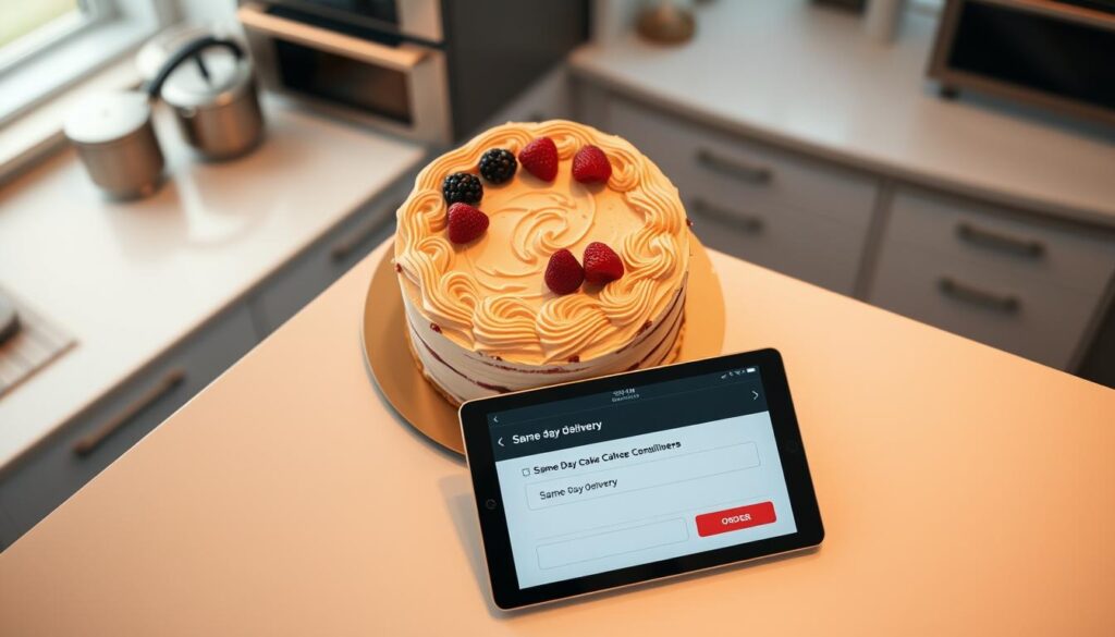 A top-down view of a stylish, modern kitchen counter with a freshly baked cake set atop it. The cake is delicately decorated with intricate frosting patterns and fresh berries, exuding an air of sophistication. Soft, diffused lighting from above casts a warm glow, highlighting the cake's texture and vibrant colors. In the foreground, a tablet device displays a digital order confirmation for same-day cake delivery, with a sleek, minimalist interface. The background features blurred, out-of-focus appliances and kitchen accessories, creating a clean, uncluttered composition that places the cake at the center of attention.