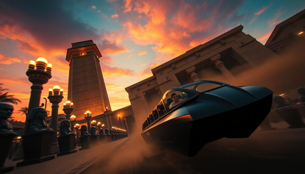 A towering, ancient Egyptian temple looms against a vibrant, sunset sky. Flickering torchlight illuminates the ornate carved facades, casting dramatic shadows. In the foreground, a sleek, high-speed ride vehicle emerges from the temple's dark interior, as riders scream in exhilaration. Mummy sarcophagi line the queue, setting an ominous, foreboding atmosphere. Swirling sand and mist obscure the background, heightening the sense of mystery and danger. The scene is captured with a wide-angle lens, emphasizing the grand, imposing scale of the temple and the thrilling motion of the ride. An epic, high-contrast lighting scheme heightens the sense of adventure and peril, perfectly capturing the "Revenge of the Mummy" experience.