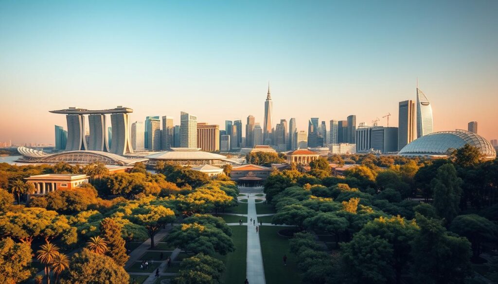 A towering campus skyline stretching across the horizon, with sleek modern architecture and lush green spaces. In the foreground, students stroll along tree-lined pathways, engaged in lively discussions. The mid-ground features iconic university landmarks such as grand academic halls and cutting-edge research facilities, bathed in warm, golden sunlight. In the background, the glittering cityscape of Singapore serves as a vibrant backdrop, underscoring the dynamic, cosmopolitan setting of these top-tier institutions. The scene conveys a sense of intellectual vigor, global connectivity, and an environment primed for transformative learning. A towering campus skyline stretching across the horizon, with sleek modern architecture and lush green spaces. In the foreground, students stroll along tree-lined pathways, engaged in lively discussions. The mid-ground features iconic university landmarks such as grand academic halls and cutting-edge research facilities, bathed in warm, golden sunlight. In the background, the glittering cityscape of Singapore serves as a vibrant backdrop, underscoring the dynamic, cosmopolitan setting of these top-tier institutions. The scene conveys a sense of intellectual vigor, global connectivity, and an environment primed for transformative learning.