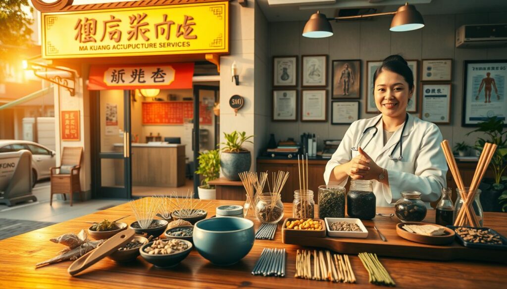 A traditional Chinese medicine clinic with a modern twist, Ma Kuang Acupuncture Services stands out amidst the bustling streets of Singapore. Capture the storefront in a warm, golden-hour light, showcasing the intricate Chinese calligraphy and traditional architectural elements. In the foreground, display an array of herbs, acupuncture needles, and other TCM instruments, neatly arranged on a wooden table. In the middle ground, depict the welcoming reception area, where a practitioner greets patients with a serene expression. In the background, include subtle references to the clinic's expertise, such as anatomy charts and framed certificates. Convey a sense of professionalism, tradition, and holistic well-being through the overall composition and color palette.