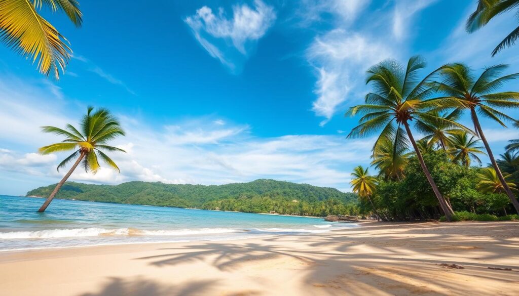 A tranquil beach scene on the idyllic island of Sentosa, Singapore. In the foreground, golden sands and gentle waves lap against the shore. Vibrant palm trees sway in the soft breeze, casting dappled shadows on the ground. In the middle distance, lush tropical foliage and verdant hills rise up, providing a stunning natural backdrop. The sky is a brilliant azure, with wispy clouds drifting overhead, illuminated by the warm glow of the sun. The overall atmosphere is one of serenity and relaxation, inviting the viewer to imagine a peaceful escape from the bustling city. Captured through the lens of a wide-angle camera, this image showcases the breathtaking scenery that makes Sentosa an ideal destination for a rejuvenating hotel stay.
