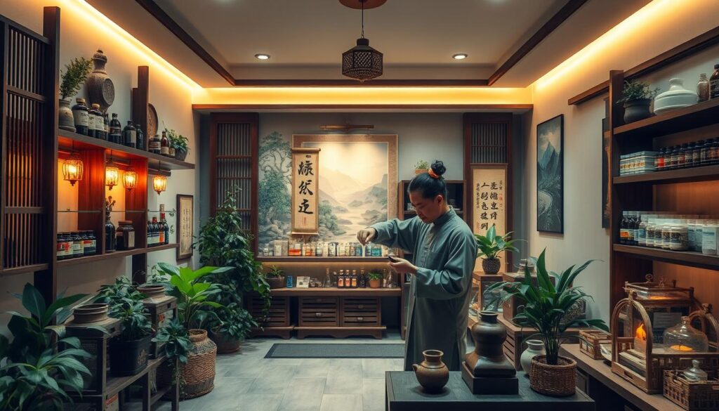 A tranquil clinic interior with traditional Chinese medicine bottles, scrolls, and instruments arranged harmoniously. Warm, indirect lighting casts a soft, soothing glow. Wooden accents and plants create a serene, natural ambiance. In the foreground, a practitioner in traditional garb gently prepares a herbal concoction, their movements precise and deliberate. The middle ground features display shelves showcasing an array of TCM herbs and remedies. The background subtly depicts a landscape mural, evoking a sense of holistic balance and connection to nature.