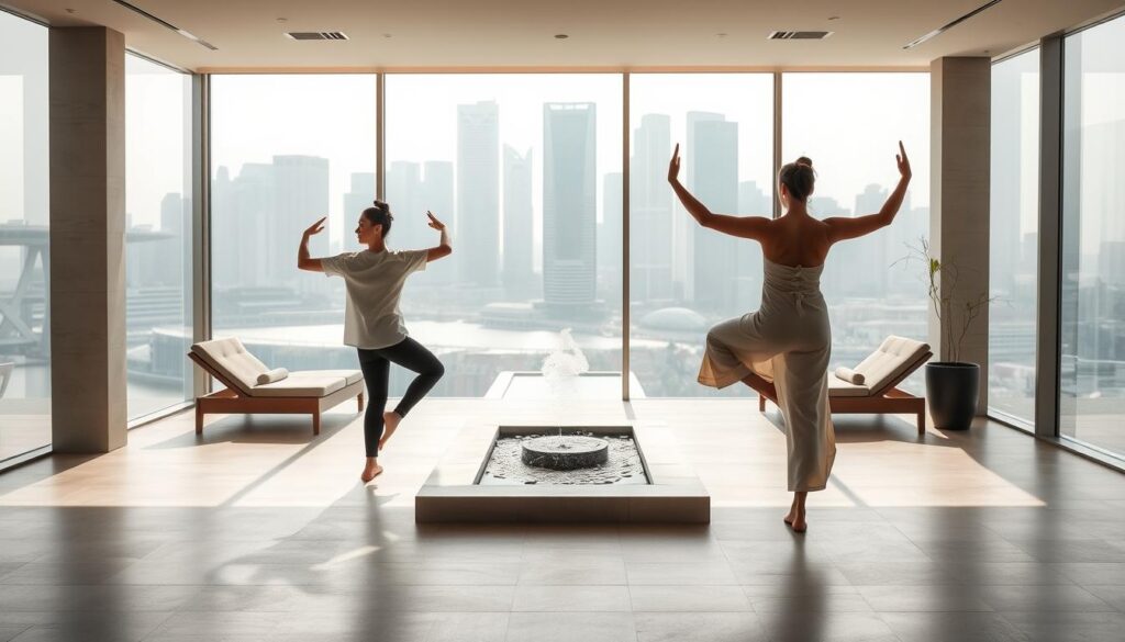 A tranquil, minimalist spa interior with natural light streaming through large windows. In the foreground, two individuals perform graceful, fluid movements inspired by tai chi and yoga, their bodies in harmony as they transition through poses that promote physical and mental wellness. The middle ground features plush lounge chairs and a soothing water feature, while the background showcases the serene cityscape of Singapore beyond. The lighting is soft and diffused, creating a calming, meditative atmosphere. The scene conveys a sense of intelligent, intentional movement for a modern, urban lifestyle.