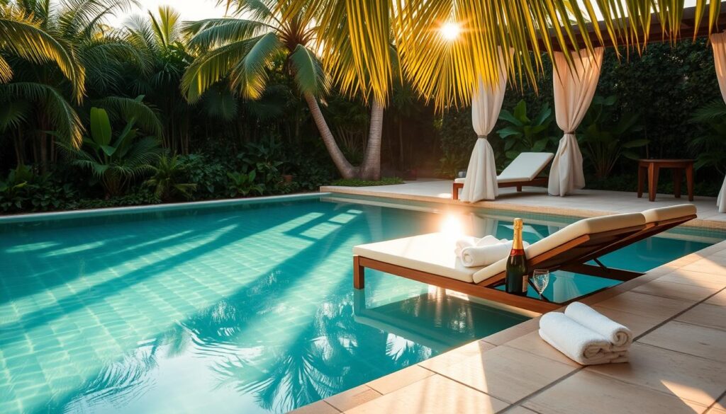 A tranquil private pool nestled in a lush, verdant garden oasis. The sun's golden rays filter through swaying palm fronds, casting a warm, inviting glow on the crystalline waters. A pair of plush sun loungers beckon for a leisurely afternoon of relaxation, while a stylish cabana offers shade and privacy. The pool's edge is adorned with smooth, natural stone, seamlessly blending the manmade and the natural. Luxurious towels and a chilled bottle of champagne await, creating an atmosphere of pure indulgence and exclusivity. The overall scene evokes a sense of serene escapism, a secluded haven away from the bustling city.