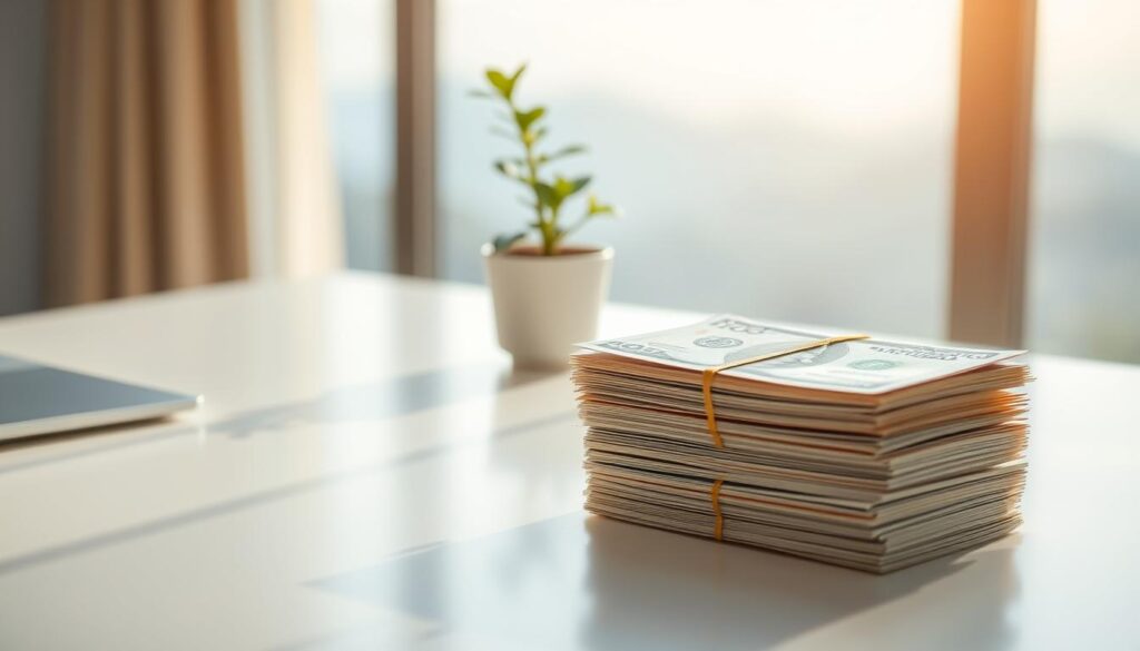 A tranquil savings account without salary deposit, illuminated by soft, natural lighting and a minimalist aesthetic. In the foreground, a stack of pristine, crisp banknotes rests on a clean, modern desk surface, symbolizing the accumulation of wealth without the requirement of a regular paycheck. The middle ground features a potted plant, a subtle nod to the steady, organic growth of savings. The background is a serene, blurred landscape, conveying a sense of calm and financial security. Captured with a shallow depth of field, the image evokes a sense of simplicity and focus on the essentials of building wealth.