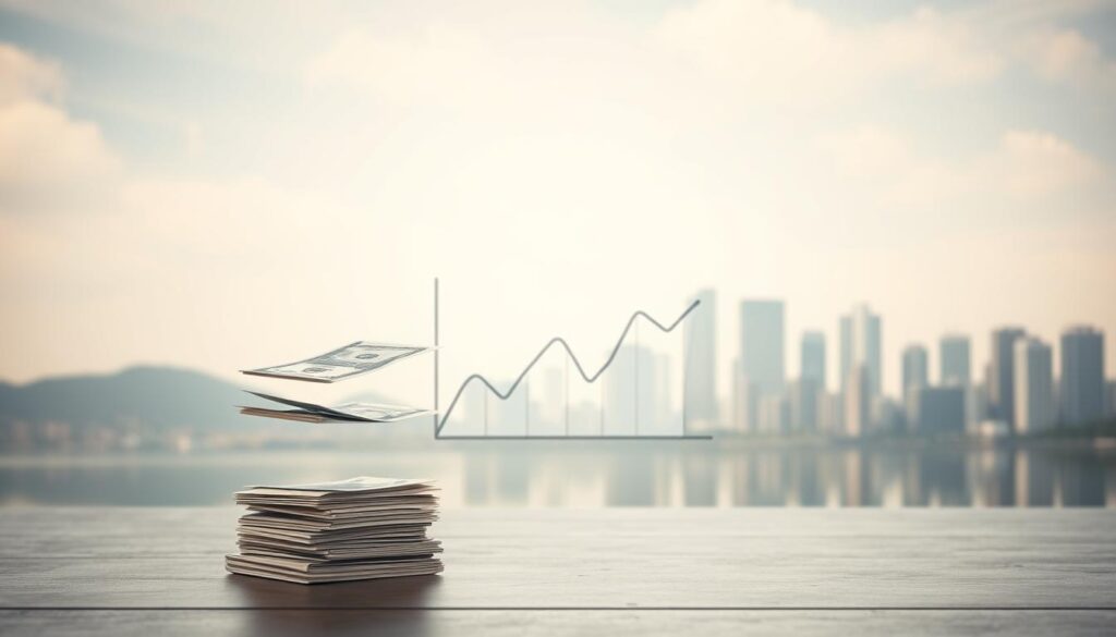 A tranquil scene of a floating rate loan, depicted against a backdrop of a serene financial landscape. In the foreground, a stack of bills and financial documents hover effortlessly, symbolizing the flexible and dynamic nature of the loan. The middle ground features a minimalist graph chart, displaying the fluctuating interest rates that characterize a floating rate loan. In the distance, a cityscape of modern skyscrapers and financial institutions stands, representing the broader economic context in which these loans operate. The lighting is soft and diffused, creating a sense of balance and stability, while the composition is carefully arranged to convey the flexibility and risk associated with a floating rate home loan.