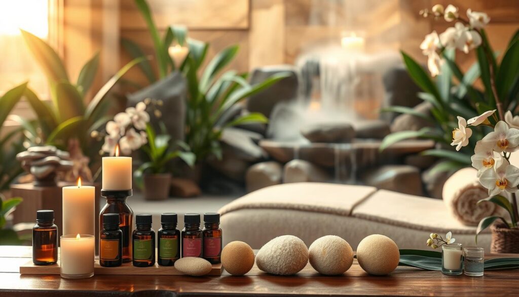 A tranquil spa sanctuary bathed in soft, warm lighting. In the foreground, an array of essential oil bottles, candles, and natural sponges arrange themselves on a wooden table, their aromas mingling in the air. In the middle ground, a plush chaise lounge invites relaxation, while lush green plants and delicate orchids frame the scene. The background features a soothing waterfall cascading over natural stone, creating a serene, meditative atmosphere. Gentle mist and steam rise, enveloping the space in a hazy, dreamlike quality. This calming, wellness-focused environment evokes a profound sense of mind-body rejuvenation.