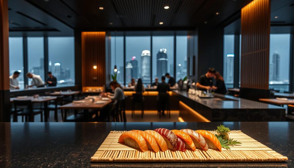 A tranquil sushi dining experience in the heart of Singapore, showcasing the artistry of Japanese culinary traditions. A serene, dimly lit restaurant interior with sleek, minimalist decor and wooden accents. In the foreground, a beautifully presented selection of sushi and sashimi, meticulously arranged on a bamboo mat, with vibrant colors and precise cuts. In the middle ground, diners seated around a polished granite sushi bar, watching the skilled sushi chefs at work. The background features a view of the bustling city skyline through floor-to-ceiling windows, creating a harmonious blend of modern and traditional elements. Soft, warm lighting casts a gentle glow, setting the mood for an authentic and immersive Japanese dining experience.