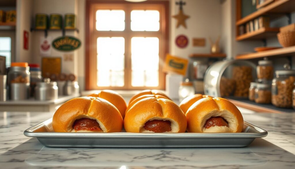 A tray of freshly baked, old-school kaya buns sits on a marble counter in a quaint Singaporean confectionery. The buns have a golden-brown, glistening crust, their soft, pillowy interiors oozing with a rich, fragrant kaya (coconut jam) filling. Sunlight streams in through vintage windows, casting a warm, nostalgic glow over the scene. The counter is adorned with classic metal tins and glass jars filled with traditional Singaporean treats, hinting at the shop's longstanding heritage. The overall atmosphere exudes a charming, timeless ambiance that transports the viewer to a bygone era of Singaporean food culture.