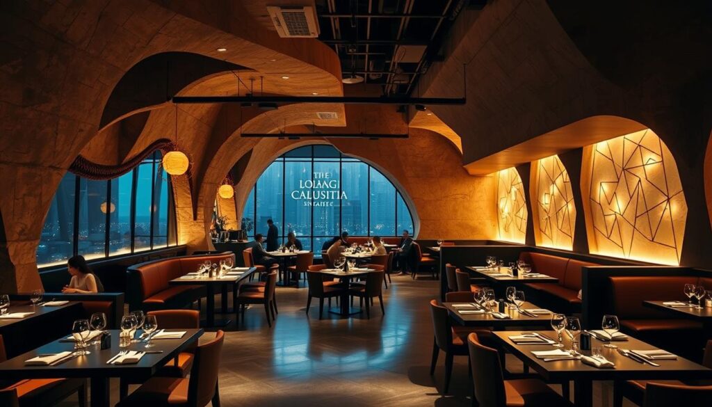 A uniquely designed restaurant interior in Singapore, bathed in warm, ambient lighting that creates a cozy, inviting atmosphere. The space features sleek, modern furnishings, with a mix of natural materials like wood and stone, and intriguing architectural elements that add visual interest. Diners are seated at intimate, well-spaced tables, immersed in a captivating dining experience that seamlessly blends culinary excellence with an exceptional, memorable ambiance.