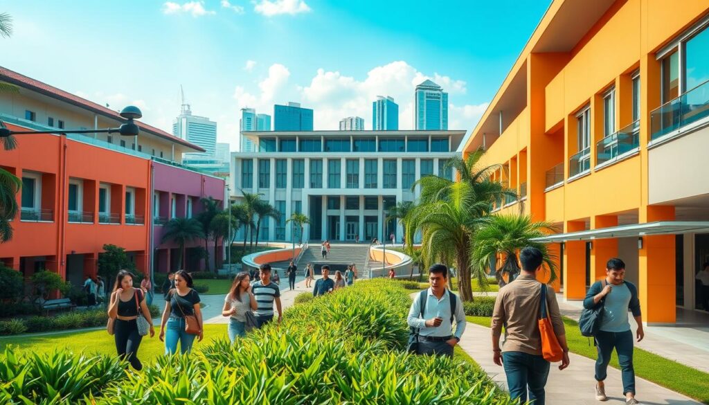 A university campus in Singapore, with vibrant architecture and lush greenery in the foreground. A diverse group of students, each engaged in thoughtful discussion, navigating the pathways and exploring the facilities. In the middle ground, a grand, modern academic building with clean lines and a welcoming entrance. The background features the iconic city skyline, hinting at the vibrant urban landscape that surrounds the institution. Warm, natural lighting bathes the scene, creating a sense of tranquility and contemplation, as the students ponder their educational journey and the opportunities that await them. A university campus in Singapore, with vibrant architecture and lush greenery in the foreground. A diverse group of students, each engaged in thoughtful discussion, navigating the pathways and exploring the facilities. In the middle ground, a grand, modern academic building with clean lines and a welcoming entrance. The background features the iconic city skyline, hinting at the vibrant urban landscape that surrounds the institution. Warm, natural lighting bathes the scene, creating a sense of tranquility and contemplation, as the students ponder their educational journey and the opportunities that await them.