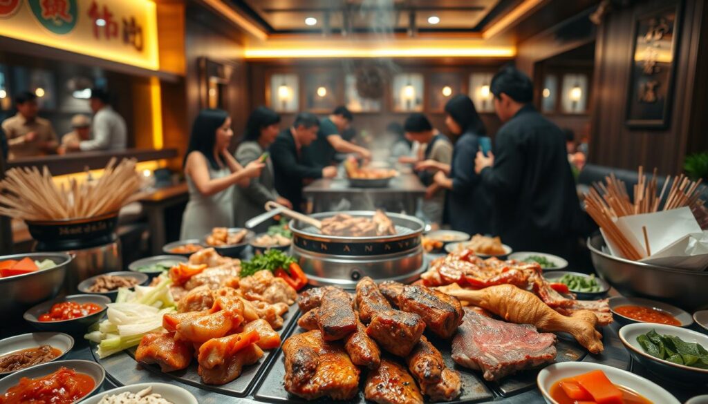 A vibrant Korean BBQ buffet spread, showcasing an array of sizzling meats, crisp vegetables, and flavorful accompaniments. The foreground features a table laden with juicy beef bulgogi, spicy pork belly, and marinated chicken, surrounding by an assortment of banchan (Korean side dishes) like kimchi, pickled radish, and seasoned spinach. In the middle ground, diners gather around the table, eagerly grilling and sampling the mouthwatering fare, while the background depicts a cozy, dimly lit restaurant interior with warm lighting and traditional Korean decor. The scene conveys a lively, social atmosphere, inviting the viewer to immerse themselves in the authentic flavors and convivial experience of a Korean BBQ buffet.