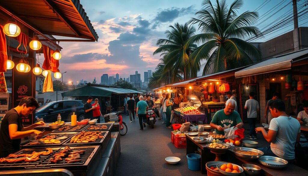 A vibrant Vietnamese street scene, captured in the warm glow of sunset. In the foreground, a bustling outdoor barbecue station sizzles with marinated meats and fragrant spices. Patrons gather around low tables, savoring grilled specialties and dipping them into aromatic hotpot broths. The middle ground features a lively night market, with vendors offering an array of fresh produce, exotic fruits, and colorful handcrafted wares. In the background, the silhouettes of towering palm trees sway gently, and the city skyline glimmers in the distance, creating a harmonious blend of urban and natural elements. The scene exudes an inviting atmosphere of community, flavor, and cultural richness.