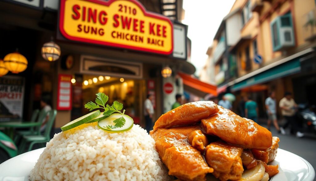 A vibrant and authentic Hainanese chicken rice dish set against the backdrop of a traditional Singaporean shophouse. In the foreground, a plate of glistening, tender chicken alongside a mound of fragrant, fluffy rice. The chicken is garnished with delicate slices of cucumber and sprigs of coriander, while the rice is complemented by a side of savory dark soy sauce. The middle ground features the façade of the iconic Sing Swee Kee restaurant, its vintage signage and classic architecture evoking the rich culinary heritage of Singapore. Warm, natural lighting illuminates the scene, casting a cozy and inviting atmosphere. The background showcases the bustling street life of a vibrant Singaporean neighborhood, hinting at the lively energy that surrounds this beloved eatery.