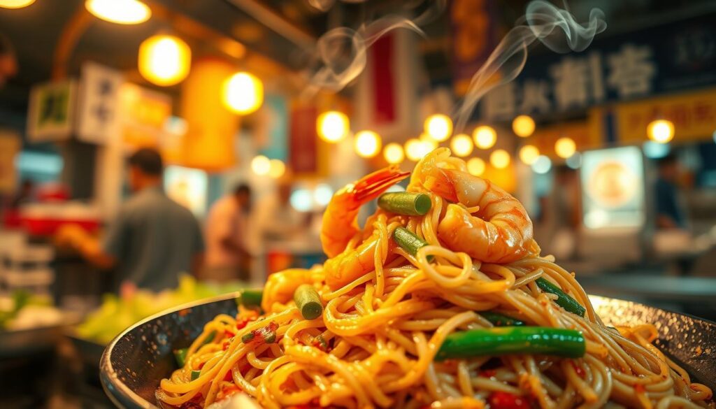 A vibrant and authentic Teochew cha kuay teow dish, freshly prepared with wok-fried rice noodles, succulent shrimp, crisp beansprouts, and a flavorful blend of soy sauce and spices. The noodles are perfectly al dente, glistening under the warm lighting of the hawker stall. Wisps of aromatic smoke curl upwards, creating a tantalizing atmosphere. The composition features the dish in the foreground, with a blurred background showcasing the bustling energy of the local hawker center. Captured with a shallow depth of field and warm, golden tones to evoke the comforting and nostalgic essence of Singaporean street food.