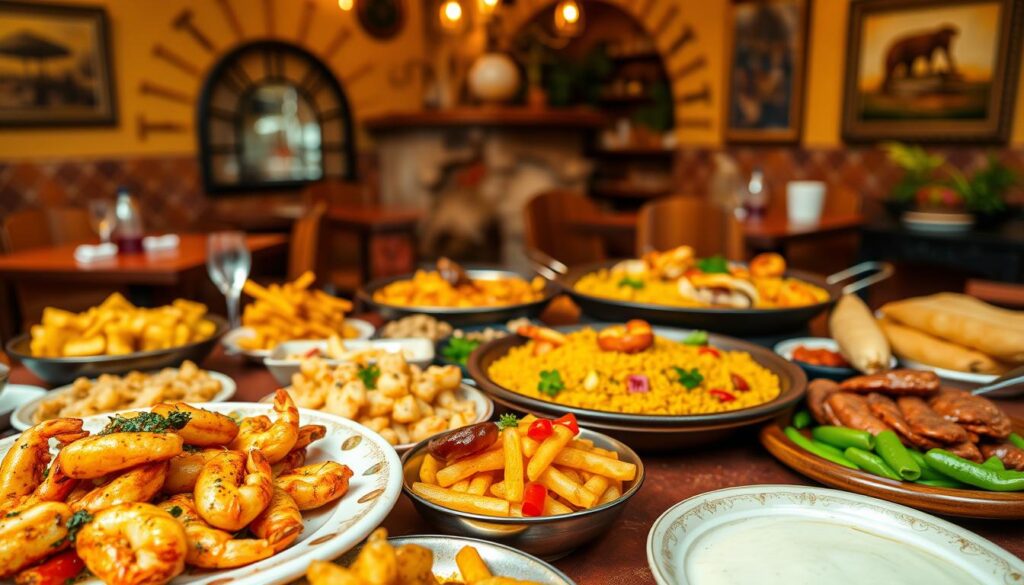 A vibrant and authentic spread of traditional Spanish signature dishes, captured in a warm, inviting setting. In the foreground, a selection of tapas and small plates, including sizzling gambas al ajillo (garlic shrimp), crisp patatas bravas, and colorful pimientos de Padrón. In the middle ground, a steaming paella valenciana, its saffron-tinged rice dotted with succulent seafood and smoky chorizo. In the background, a glimpse of a rustic Spanish interior, with terracotta tiles, wrought-iron accents, and a hint of Iberian artwork. The lighting is soft and golden, evoking the cozy atmosphere of a beloved tapas bar. Captured with a wide-angle lens to showcase the breadth of this mouthwatering culinary experience.
