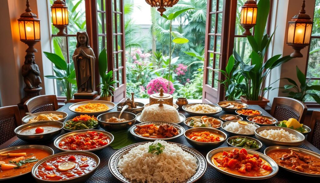 A vibrant and authentic vegetarian Indian feast set against the bustling backdrop of Singapore. In the foreground, a bountiful array of sizzling curries, fragrant rice dishes, and colorful vegetable plates adorn a traditional Indian-style banquet table. The middle ground features intricately carved wooden statues and ornate brass lamps casting a warm glow. In the background, a lush tropical garden spills through open windows, hinting at the city's multicultural tapestry. The scene evokes the perfect balance of tantalizing flavors, cultural richness, and serene ambiance that defines the essence of vegetarian Indian cuisine in Singapore.