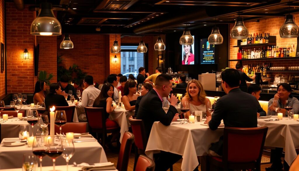 A vibrant and bustling Spanish restaurant in the heart of Singapore, with a warm and inviting atmosphere. The foreground features an elegant dining area with white tablecloths, flickering candles, and red wine glasses on the tables. In the middle ground, a group of diners enjoying a lively conversation, gesturing animatedly. The background showcases the restaurant's contemporary decor, with warm lighting, exposed brick walls, and a bar area where bartenders expertly mix cocktails. The overall scene conveys a sense of authentic Spanish culture and cuisine, transporting the viewer to a charming corner of Singapore.