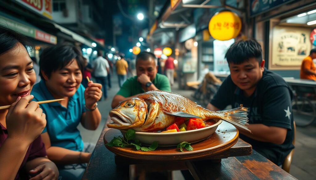 A vibrant and bustling street scene in Singapore's heartland, with locals savoring a steaming bowl of fish head curry. In the foreground, a group of friends sit around a simple wooden table, chopsticks in hand, relishing the aromatic dish. The fish head, cooked to perfection, sits atop a bed of rich, spicy gravy, surrounded by colorful vegetables and fragrant herbs. Ambient lighting from a nearby streetlamp casts a warm glow, creating a cozy, inviting atmosphere. In the background, the sounds of lively conversation and the sizzle of cooking waft through the air, transporting the viewer to the heart of Singaporean culinary culture.