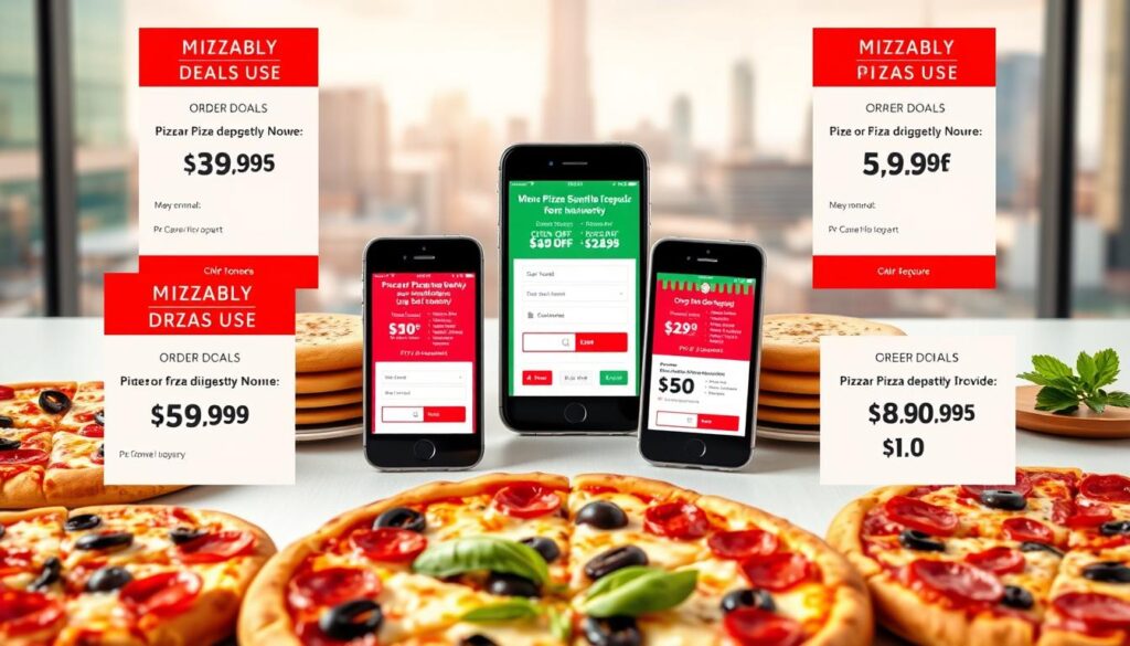 A vibrant and colorful image of various pizza deals and discounts, displayed on a clean and modern background. In the foreground, a selection of delectable pizza slices with different toppings, such as pepperoni, mushrooms, and olives, arranged in an appetizing manner. In the middle ground, a collection of digital devices, such as smartphones and tablets, showcasing online order forms and promotional offers. The background features a soft, blurred cityscape, suggesting the context of a bustling urban environment with pizza delivery in mind. The overall scene is well-lit, with a warm and inviting atmosphere, conveying the idea of a satisfying and convenient pizza dining experience. A vibrant and colorful image of various pizza deals and discounts, displayed on a clean and modern background. In the foreground, a selection of delectable pizza slices with different toppings, such as pepperoni, mushrooms, and olives, arranged in an appetizing manner. In the middle ground, a collection of digital devices, such as smartphones and tablets, showcasing online order forms and promotional offers. The background features a soft, blurred cityscape, suggesting the context of a bustling urban environment with pizza delivery in mind. The overall scene is well-lit, with a warm and inviting atmosphere, conveying the idea of a satisfying and convenient pizza dining experience.