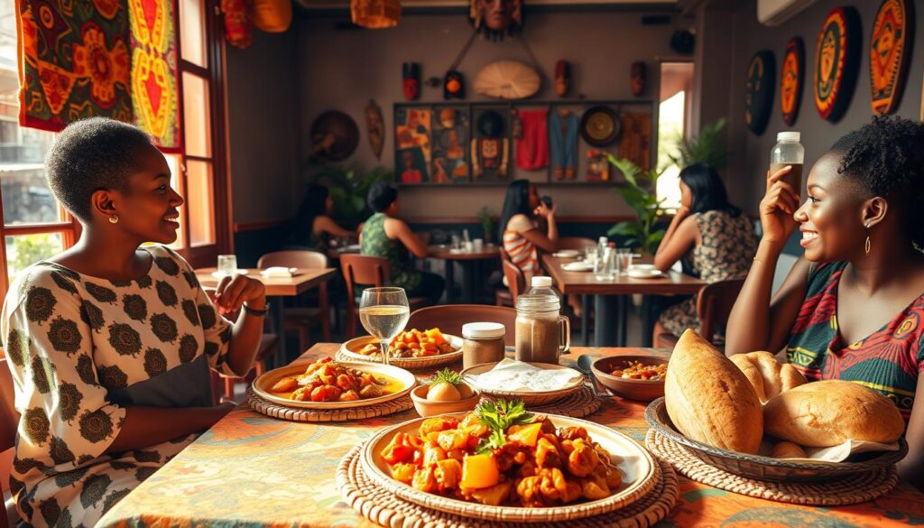 A vibrant and inviting African-themed brunch scene in a cozy Singaporean cafe. In the foreground, a table is set with a colorful tablecloth, woven placemats, and an assortment of traditional African-inspired dishes - fragrant curries, spiced roasted vegetables, and freshly baked breads. Warm, natural lighting filters through large windows, casting a golden glow on the scene. In the middle ground, a mix of Singaporean and African patrons enjoy their meals, engaged in lively conversation. The background features colorful African-inspired decor - vibrant wall hangings, wooden masks, and potted plants. An atmosphere of cultural fusion and culinary exploration pervades the space.
