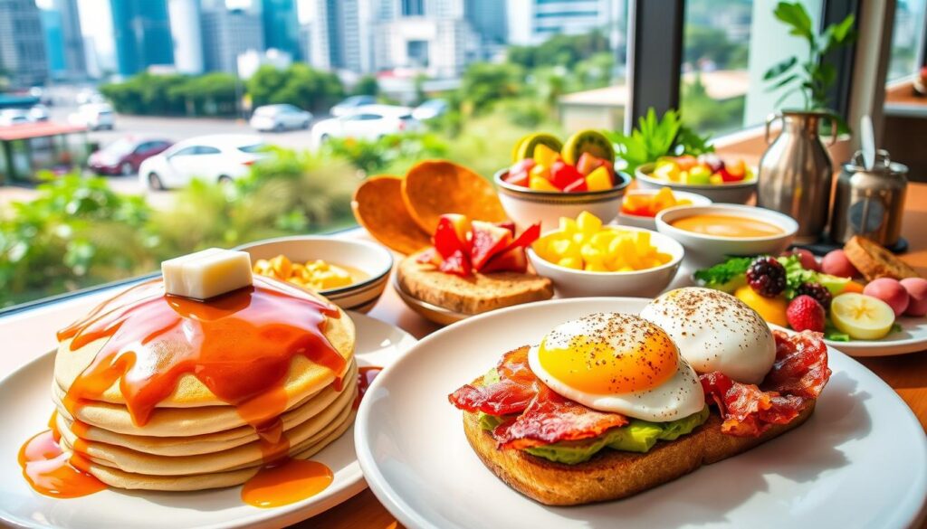 A vibrant and inviting scene of Singapore's top brunch dishes, captured in a warm, natural light. In the foreground, an artfully arranged spread of classic brunch fare - fluffy pancakes drizzled with maple syrup, crisp bacon, and perfectly poached eggs nestled on a bed of avocado toast. The middle ground showcases a selection of local specialties, such as fragrant kaya toast, steaming bowls of laksa, and colorful fruit platters. In the background, a glimpse of the city's bustling streets and lush greenery, creating a sense of place. The overall composition is balanced and visually appealing, inviting the viewer to indulge in the delectable culinary delights of Singapore's renowned brunch scene.