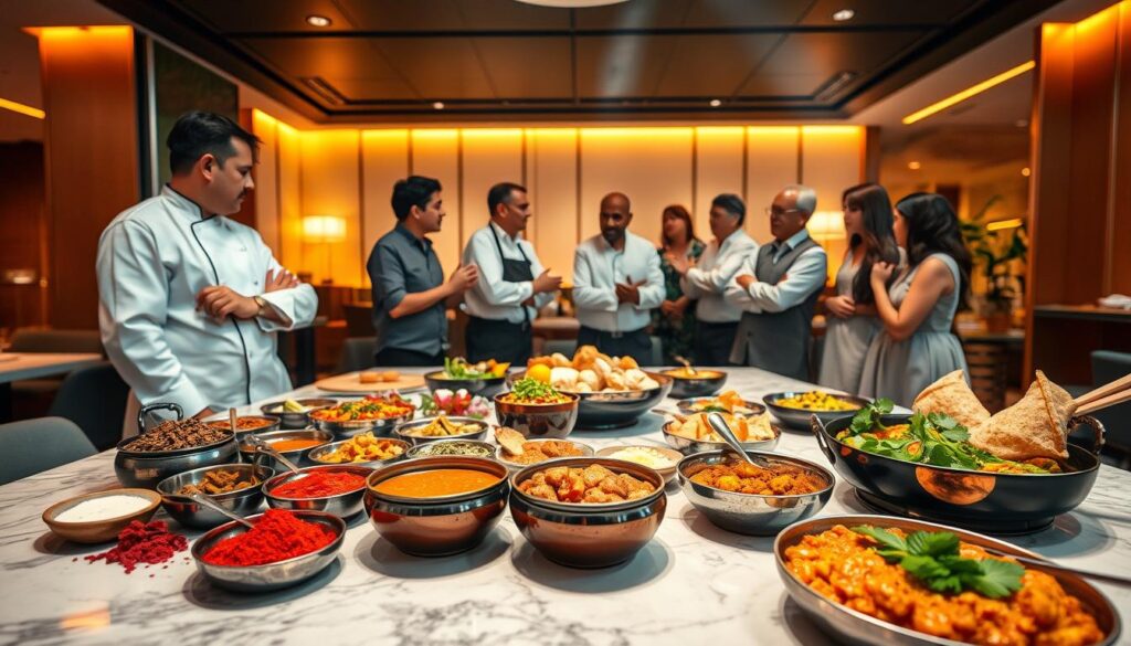 A vibrant and inviting scene showcasing the best Indian culinary delights in Singapore. In the foreground, an array of aromatic spices, colorful curries, and sizzling tandoori dishes are presented on a stylish marble tabletop, illuminated by warm, golden lighting. In the middle ground, a group of food experts, chefs, and connoisseurs engage in a lively discussion, their gestures and expressions conveying their passion for the cuisine. The background features a sleek, modern interior with minimalist decor, hinting at the sophisticated dining experience. The overall atmosphere exudes a sense of culinary expertise, cultural authenticity, and the fusion of Indian and Singaporean gastronomic traditions.