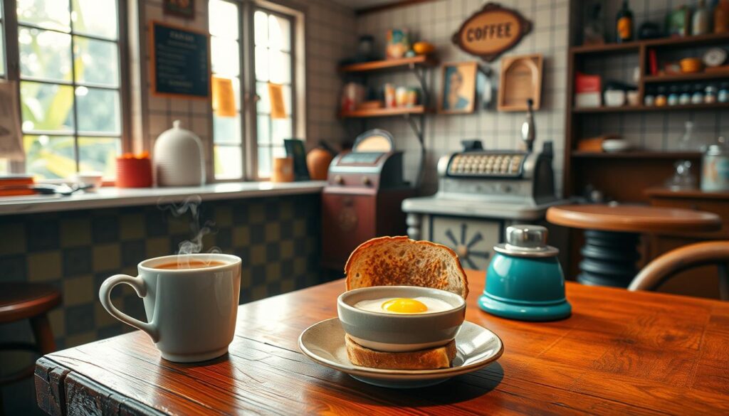 A vibrant and nostalgic scene of a traditional Singaporean breakfast set from Heap Seng Leong. In the foreground, a rustic wooden table holds a steaming cup of kopi-o, fragrant kaya toast, and a perfectly cooked half-boiled egg in a ceramic bowl. The middle ground features the classic marble-topped counter and a vintage cash register, while the background showcases the retro tiled walls and wooden shelves stocked with classic snacks. Warm, natural lighting filters through the large windows, creating a cozy and inviting atmosphere that transports the viewer to a bygone era of Singapore's coffee shop culture.