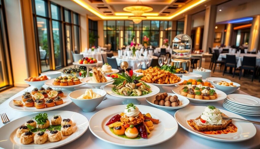 A vibrant and sophisticated spread of the best catering options in Singapore. In the foreground, an array of expertly crafted dishes - gourmet bites, artfully plated entrees, and mouthwatering desserts. The middle ground showcases elegant table settings, crisp linens, and gleaming silverware, hinting at the impeccable service. In the background, a modern event space with floor-to-ceiling windows, softly lit by a combination of natural and warm, ambient lighting, creating an inviting and refined atmosphere. The overall composition conveys a sense of culinary excellence, exceptional hospitality, and the perfect backdrop for a memorable catered event.