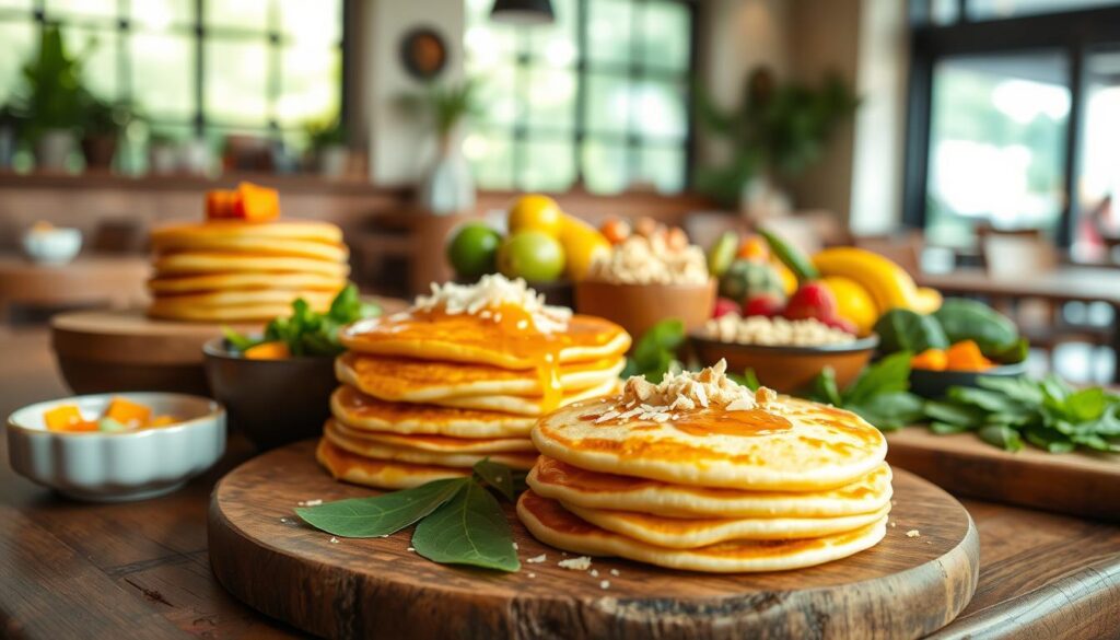 A vibrant arrangement of uniquely flavored pancakes, artfully presented on a rustic wooden table. In the foreground, a stack of fluffy, golden pancakes adorned with vibrant toppings - perhaps a swirl of colorful fruit compote, a drizzle of fragrant pandan syrup, or a sprinkling of toasted coconut shreds. In the middle ground, various small bowls hold an array of intriguing ingredients, such as aromatic pandan leaves, fragrant kaffir limes, and vibrant tropical fruits. The background features a softly blurred yet cozy café setting, with natural light filtering in through large windows, casting a warm glow over the scene. The overall atmosphere is one of culinary exploration and delightful discovery, inviting the viewer to imagine the flavors and textures of these unique Singaporean pancake creations.