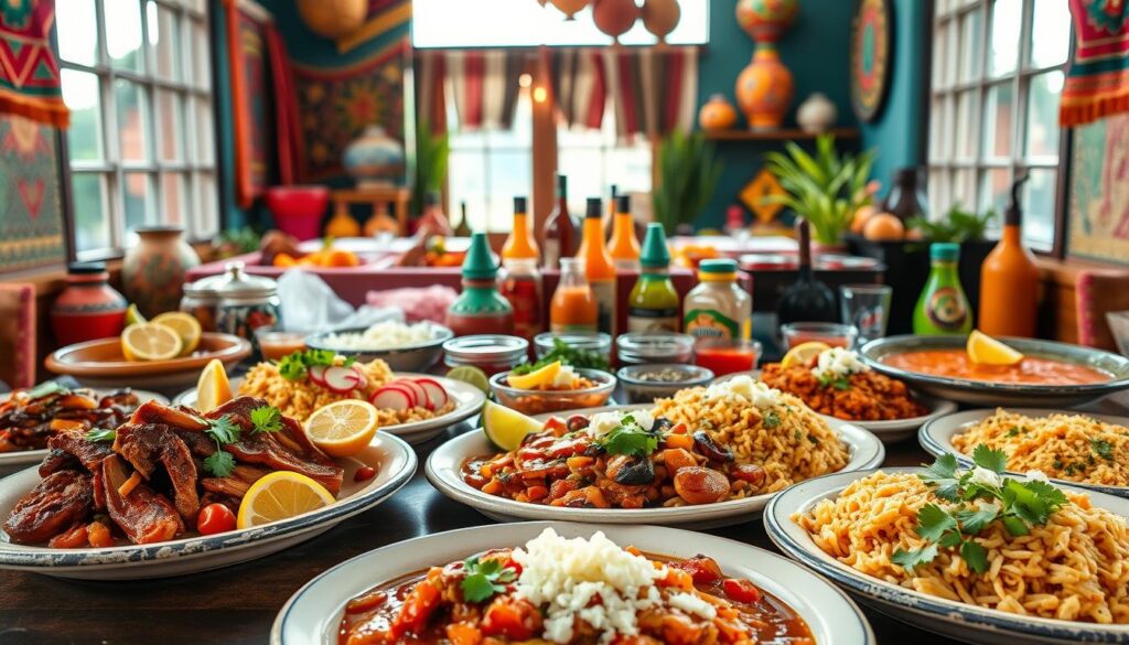 A vibrant array of authentic Mexican dishes set against a backdrop of colorful textiles and hand-crafted ceramics. In the foreground, steaming plates showcase the signature flavors of Mexico - tender carnitas, smoky achiote-marinated chicken, and fragrant rice and beans. Vibrant garnishes like fresh cilantro, sliced radishes, and crumbled queso fresco add pops of color. The middle ground features an assortment of salsas, sauces, and condiments, each with its own distinct personality. Overhead, a warm, natural light filters through large windows, casting a soft glow over the scene. The overall atmosphere evokes the lively, convivial spirit of a family-owned Mexican restaurant, inviting the viewer to step in and savor the best of Mexican cuisine.