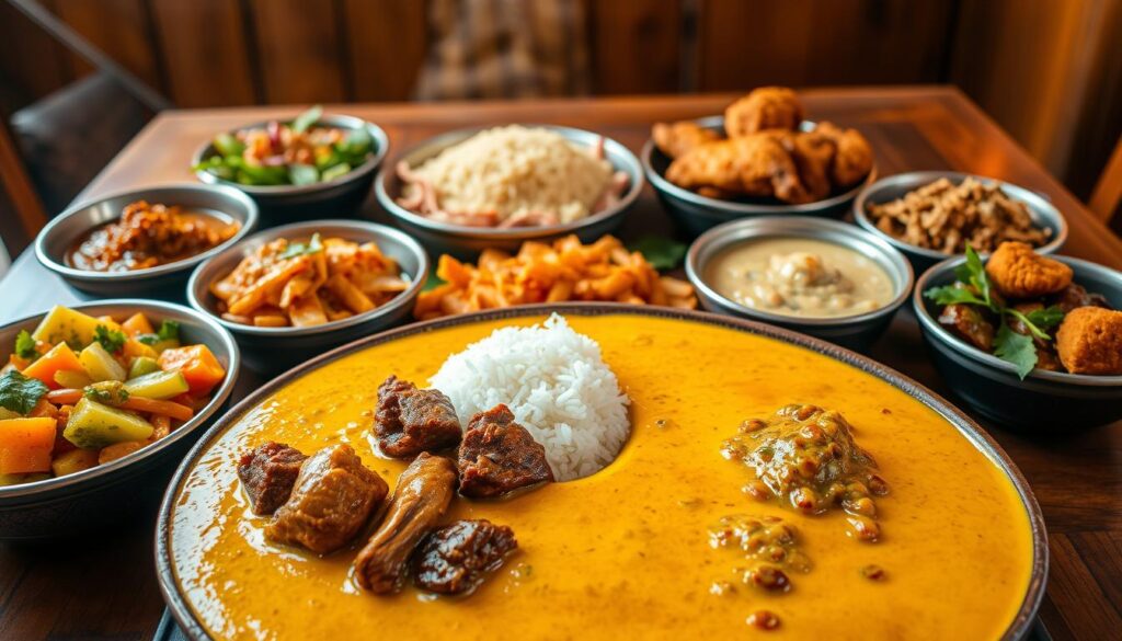 A vibrant array of authentic Nasi Padang dishes, capturing the essence of Indonesian culinary tradition. In the foreground, a generous serving of fragrant yellow curry, its rich, creamy texture accented by tender chunks of beef rendang. Alongside, a selection of colorful vegetable side dishes, from the tangy sambal goreng to the refreshing abon-topped sayur labu. In the middle, steaming white rice serves as the foundation, complemented by the piquant flavors of chili-infused sambal and the savory notes of crispy fried chicken. The background features a rustic, wooden table setting, evoking the cozy ambiance of a bustling Padang eatery. Warm lighting casts a golden glow, highlighting the inviting aromas and mouthwatering textures of this culinary journey.