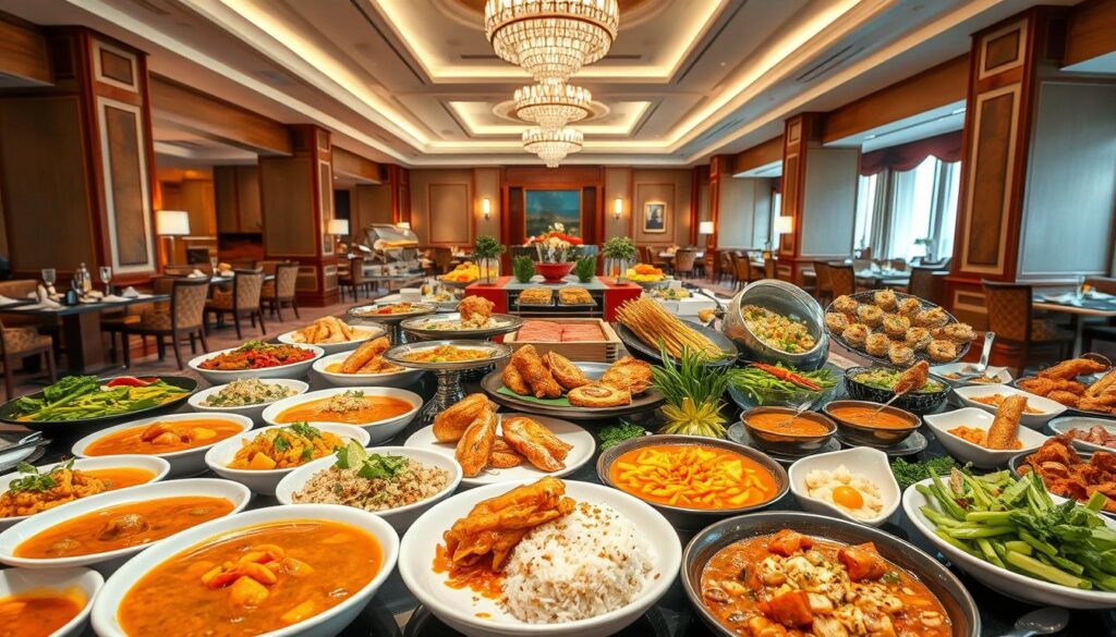 A vibrant array of authentic Singaporean dishes set against the backdrop of a luxurious hotel buffet. In the foreground, an assortment of colorful curries, fragrant rice dishes, and delectable seafood delicacies tempt the senses. The middle ground showcases a diverse selection of hot and cold appetizers, from satay skewers to fresh salads, all artfully presented. In the background, the elegant setting of the hotel dining room, with its high ceilings, plush furnishings, and warm lighting, creates an inviting atmosphere. The overall scene evokes the rich culinary traditions and exceptional hospitality that define the quintessential Singaporean hotel buffet experience.