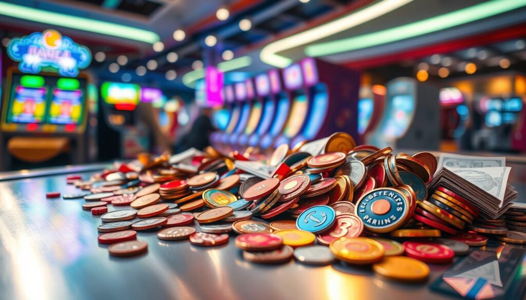A vibrant array of colorful arcade tokens, coins, and bills scattered across a sleek, metallic surface, bathed in warm, directional lighting that highlights their intricate details. The foreground is in sharp focus, with the tokens and coins seeming to spill out towards the viewer, while the background is slightly blurred, creating a sense of depth and emphasizing the central subject. The overall composition evokes the lively, energetic atmosphere of a bustling money exchange within a state-of-the-art arcade in the heart of Raffles Place, Singapore.
