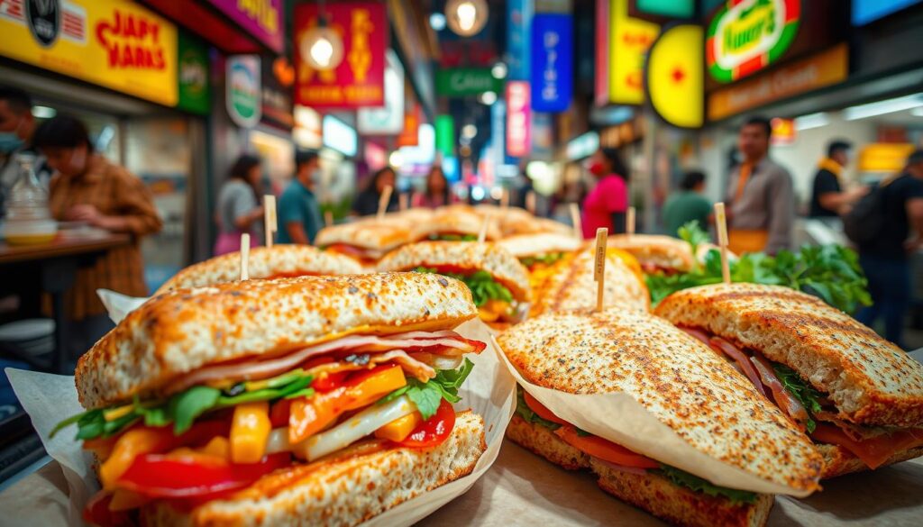 A vibrant array of innovative sandwich creations in the heart of Singapore, captured with a crisp, high-resolution lens. In the foreground, an artisanal delight featuring bold flavors and unexpected textures - perhaps a fusion of local spices and global culinary influences. The middle ground showcases a diverse selection of sandwiches, each a testament to the city's thriving food scene and the creativity of its chefs. The background is alive with the bustling energy of a bustling Singaporean street, providing a lively and immersive setting for these unique and mouthwatering culinary masterpieces.