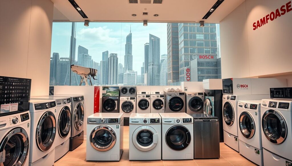 A vibrant array of top laundry appliance brands prominently displayed in a modern Singapore setting. In the foreground, sleek and stylish washing machines from leading manufacturers like Samsung, Electrolux, and Bosch are showcased in a well-lit, minimalist showroom. The middle ground features neatly stacked dryers and other complementary appliances, all meticulously arranged to create a visually appealing and cohesive display. The background depicts the bustling cityscape of Singapore, with its iconic skyscrapers and bustling streets, providing a dynamic and cosmopolitan context for the showcased products. The overall scene conveys a sense of sophistication, technological innovation, and the discerning consumer preferences of the Singaporean market.