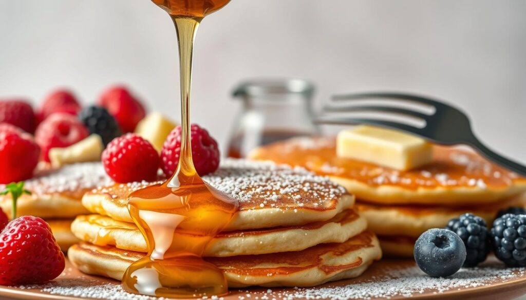 A vibrant, artfully-styled close-up shot of an assortment of tempting pancake toppings and accompaniments against a clean, minimalist background. In the foreground, a drizzle of golden honey cascades over fluffy, golden-brown pancakes, complemented by fresh berries, a sprinkle of powdered sugar, and a pat of melting butter. The middle ground features a small pitcher of maple syrup and a fork poised, ready to dive into the delectable stack. Soft, diffused lighting casts a warm, inviting glow, highlighting the textures and colors of the scene. The overall composition emphasizes the mouthwatering details and sensory experience of savoring the perfect pancake in Singapore.