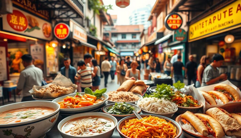 A vibrant assortment of authentic Vietnamese dishes set against a backdrop of a bustling Singaporean street scene. In the foreground, a tantalizing array of steaming pho, fragrant vermicelli noodles, and sizzling banh mi sandwiches, their colors and textures showcasing the diverse flavors of Vietnamese cuisine. In the middle ground, vendors and diners mingle amidst the lively atmosphere, with the intricate architecture of shophouses and the vibrant signage of local eateries framing the scene. Warm, natural lighting casts a golden glow, evoking the welcoming ambiance of a Singaporean hawker center. The overall composition captures the essence of must-try Vietnamese dishes in the heart of the city-state.