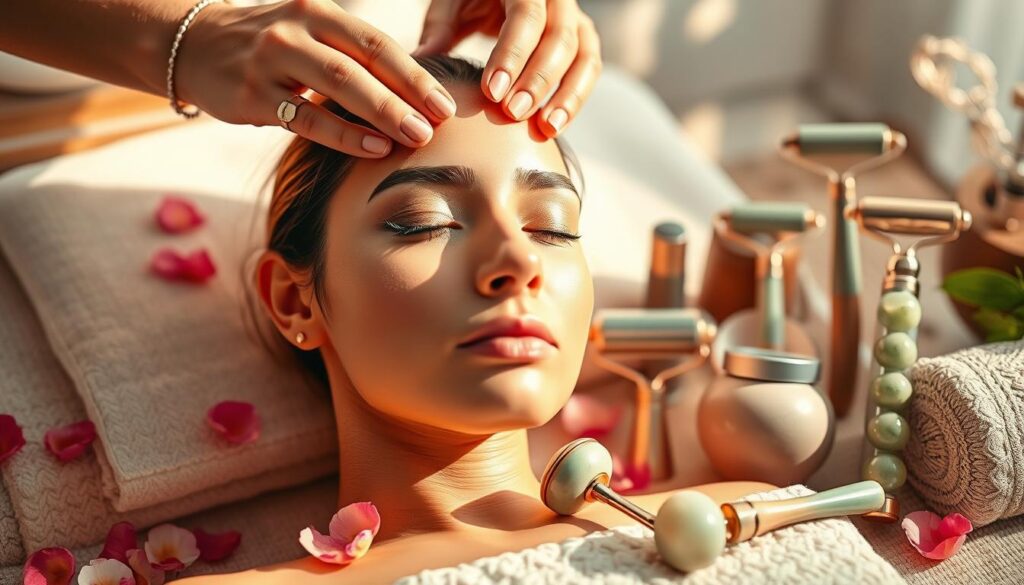 A vibrant, close-up image showcasing a diverse array of unique facial treatments. In the foreground, a serene model receives a luxurious, multi-step skincare ritual, her face adorned with delicate flower petals and cocooned in a warm, radiant light. In the middle ground, an array of artisanal facial tools, from rejuvenating jade rollers to targeted massage devices, are arranged elegantly. The background features a tranquil, spa-like setting, with soft, diffused lighting and soothing neutrals that create a sense of calming indulgence. The overall mood is one of elevated self-care, where innovative techniques and natural ingredients converge to deliver exceptional, transformative facial experiences.