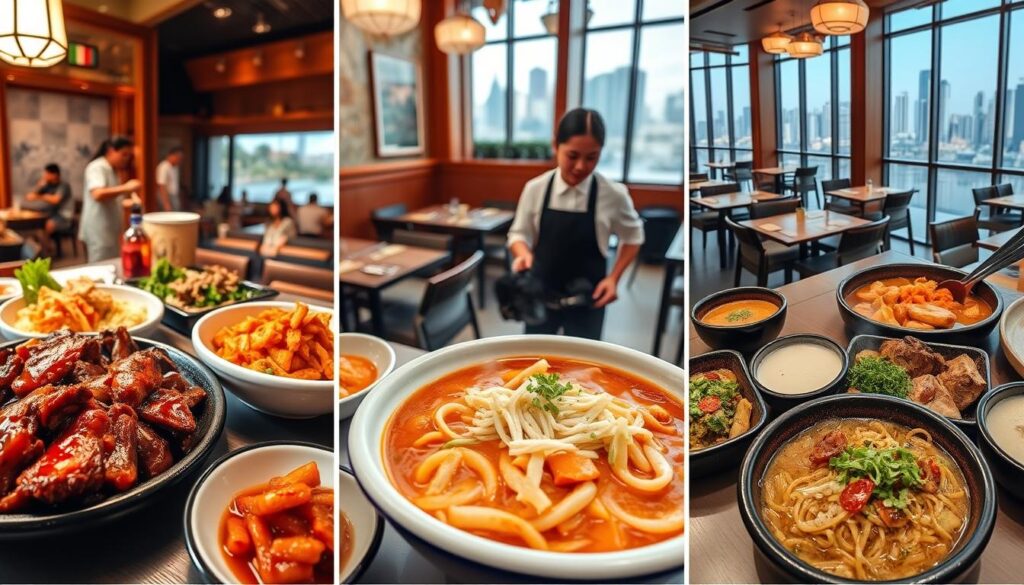 A vibrant collage of the top Korean dining spots in Singapore, captured with a wide-angle lens and natural lighting. In the foreground, a spread of authentic Korean dishes - juicy bulgogi, steaming kimchi stew, and fragrant bibimbap - set against a backdrop of warm, cozy interiors with traditional decor. In the middle ground, servers in crisp uniforms weave through the bustling dining room, while in the distance, the city skyline can be seen through large windows, creating a harmonious blend of modern and traditional elements. The overall atmosphere exudes a lively, welcoming ambiance, inviting the viewer to savor the flavors and immerse themselves in the heart of Singapore's thriving Korean culinary scene.