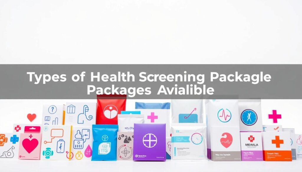 A vibrant collage of various health screening packages, showcased against a crisp, clean background. In the foreground, an array of diagnostic icons and symbols, each representing a key component of a comprehensive health check-up - blood tests, heart scans, cancer screenings, and more. The midground features sleek, minimalist package designs, their layouts and color schemes conveying a sense of professionalism and attention to detail. In the background, a subtle gradient or pattern adds depth and visual interest, while maintaining a clinical, medical aesthetic. The lighting is soft and even, accentuating the clarity and precision of the displayed information. The overall composition is balanced and visually striking, capturing the essence of the "Types of Health Screening Packages Available" in an impactful, yet informative manner.