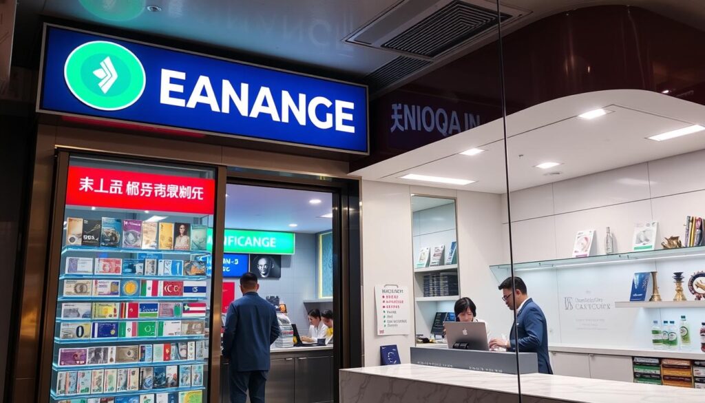A vibrant currency exchange office with an illuminated sign and a variety of international currencies displayed in the storefront window. The interior is brightly lit, with a sleek marble countertop and professional-looking staff assisting customers. The atmosphere is one of efficiency and trustworthiness, conveying a sense of reliable financial services. The scene is captured from a slightly elevated angle, giving a comprehensive view of the establishment's layout and operations.