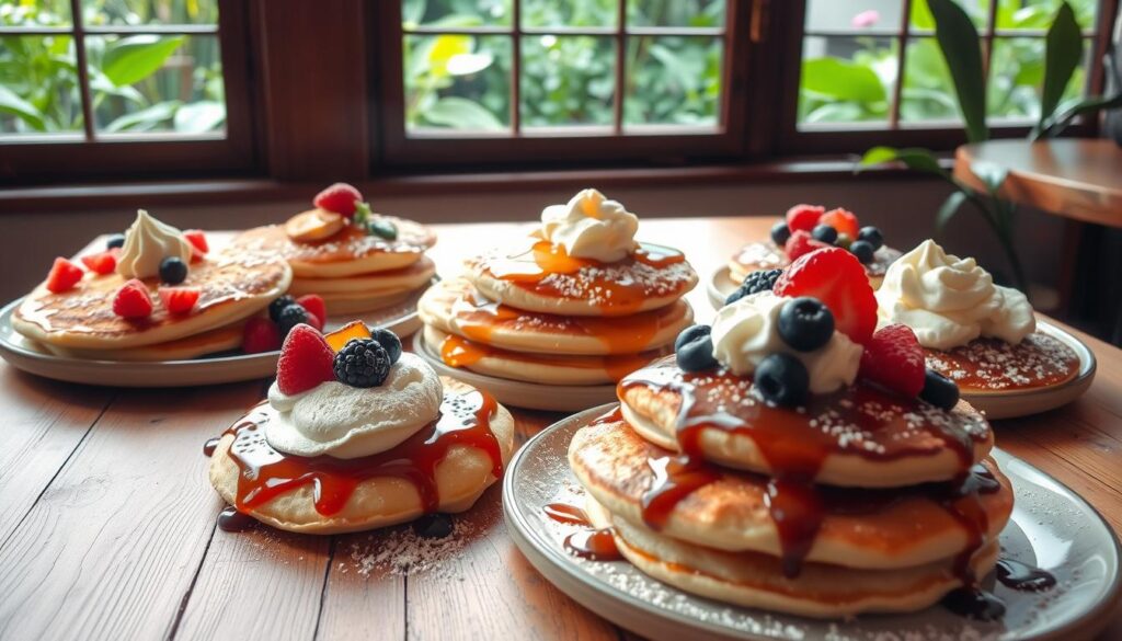 A vibrant display of artfully crafted pancakes in a cozy cafe setting. In the foreground, an array of fluffy pancakes adorned with an array of toppings - fresh berries, drizzles of syrup, dollops of whipped cream, and sprinkles of powdered sugar. The middle ground showcases a rustic wooden table with a minimal, Scandinavian-inspired aesthetic, complemented by a warm, soft lighting that casts a gentle glow. In the background, a window with a view of a lush, verdant garden provides a serene and inviting atmosphere, evoking a sense of tranquility and culinary delight. The image captures the essence of the best pancakes in Singapore - a harmonious blend of flavors, textures, and presentation that tantalizes the senses.