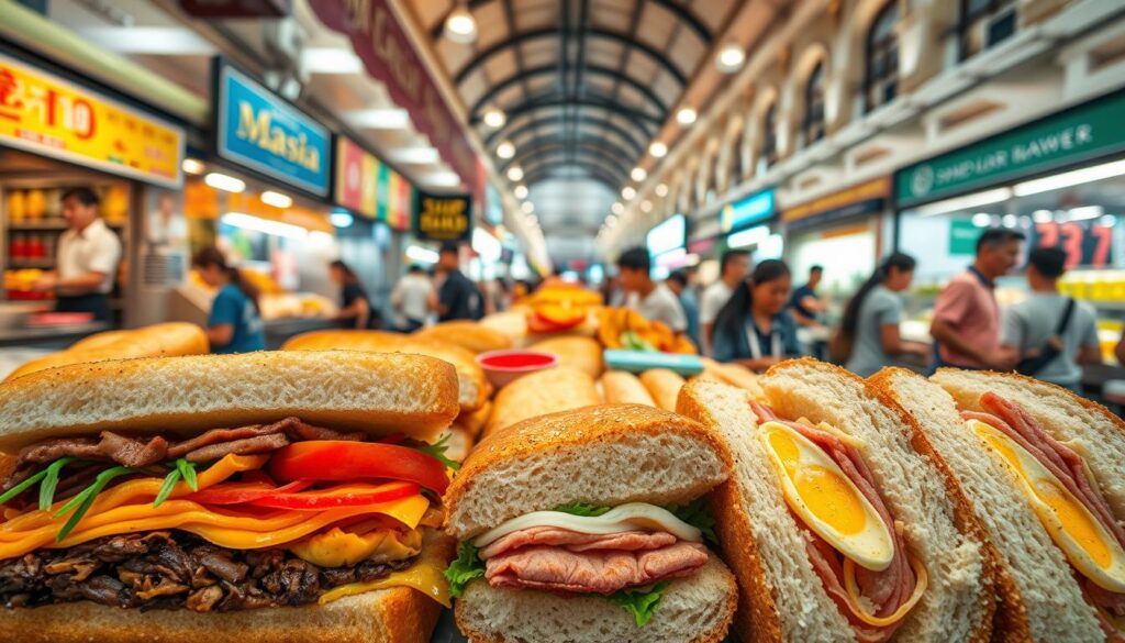 A vibrant display of budget-friendly sandwiches in a bustling Singaporean hawker center. In the foreground, an array of colorful, freshly-prepared sandwiches with a variety of fillings - char siu, kaya, and egg. The middle ground features stalls with steaming food stalls and locals eagerly queuing. The background showcases the iconic architecture of Singapore, with its blend of colonial and modern influences. Warm, diffused lighting creates a cozy, inviting atmosphere, while the candid, lively scene captures the energy and diversity of Singapore's thriving street food culture.