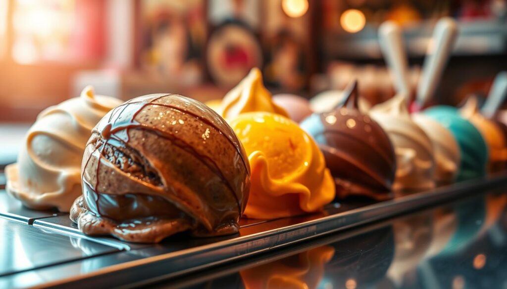 A vibrant display of glistening, artisanal gelato scoops in an array of captivating flavors. The gelato sits atop a sleek, stainless steel counter, bathed in warm, soft lighting that accentuates its creamy, glossy texture. The foreground is in sharp focus, while the background fades into a hazy, out-of-focus blur, drawing the viewer's attention to the gelato's exquisite details. The gelato's colors pop with vivid intensity, ranging from bold, zesty citrus hues to deep, rich chocolate tones, creating a visually stunning and appetizing scene. The overall mood is one of indulgence, inviting the viewer to imagine the smooth, silky mouthfeel and the burst of flavors that await.