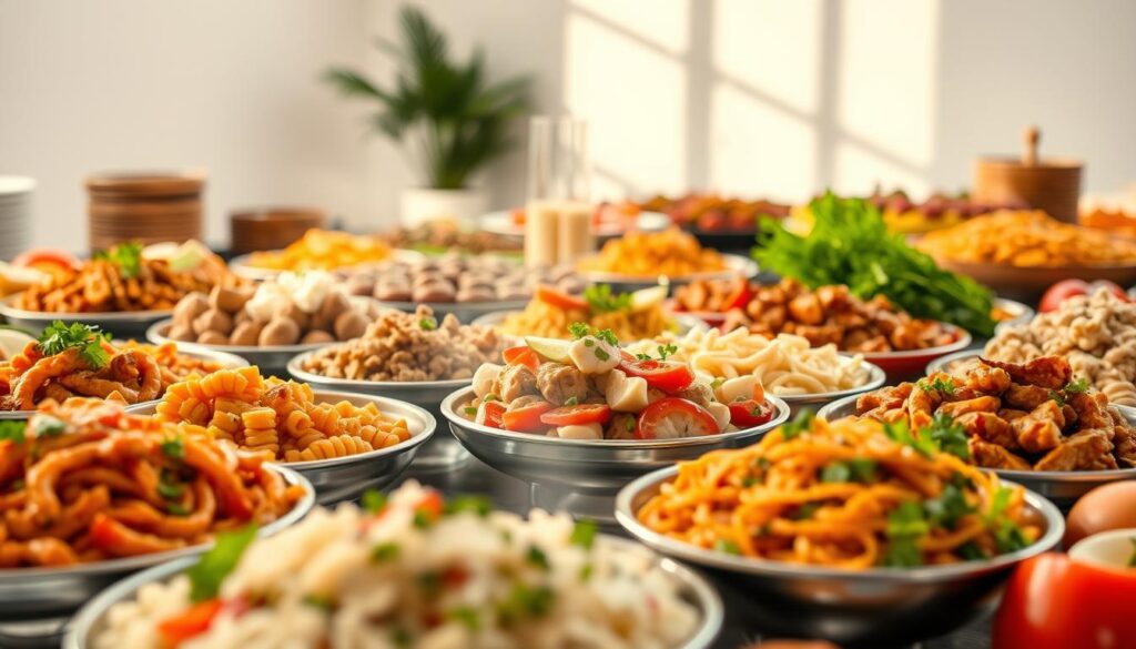 A vibrant display of halal catering options, presented with mouthwatering clarity. In the foreground, an assortment of aromatic dishes, each meticulously prepared with authentic halal ingredients. The middle ground showcases a diverse array of traditional Middle Eastern delicacies, their vibrant colors and intricate garnishes inviting the senses. The background features a serene, minimalist setting, allowing the culinary masterpieces to take center stage. Soft, natural lighting casts a warm, inviting glow, creating a sense of hospitality and comfort. The overall composition conveys a harmonious balance between the flavors of the East and the aesthetics of modern catering, perfectly suited for an event celebrating the diversity of halal and non-halal cuisine.